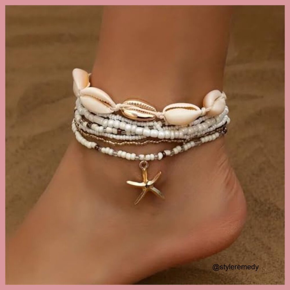 Gold Plated Adjustable Anklet With Shell Beads, B… - image 5